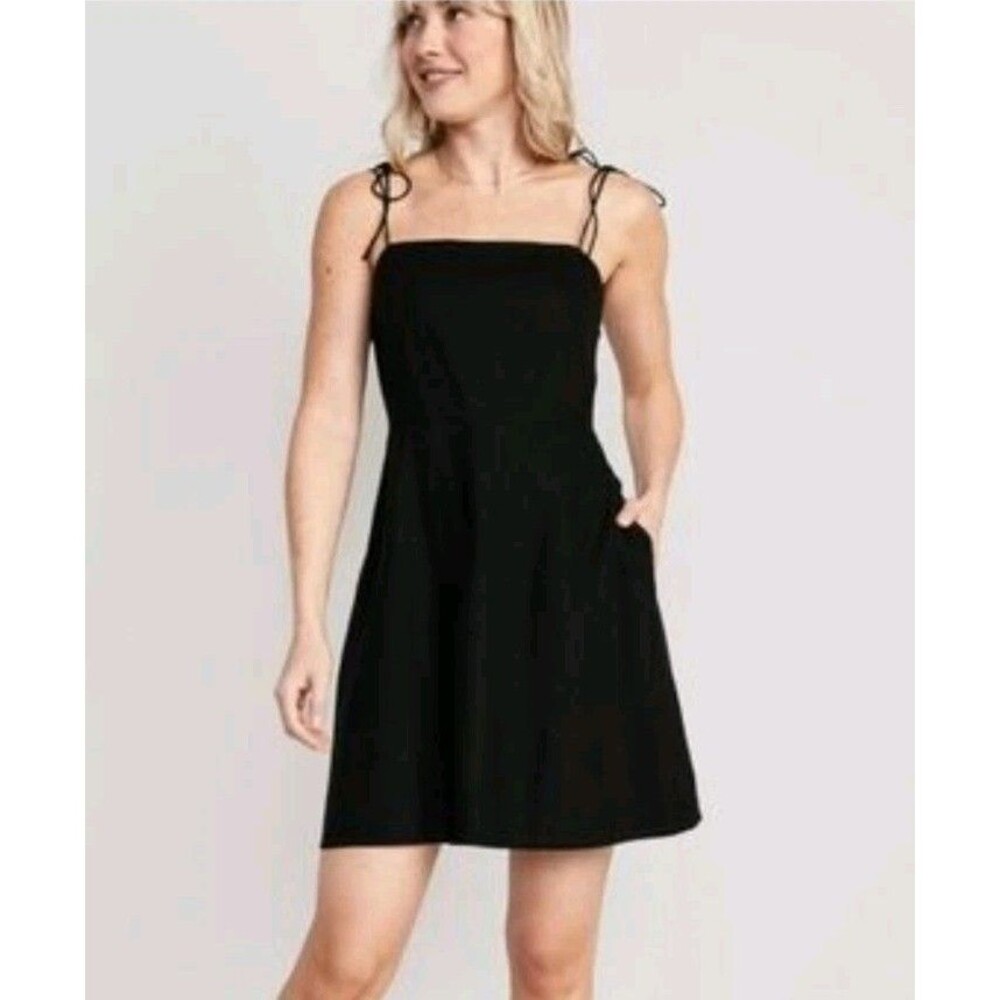 Old Navy Black Linen Blend Mini Tank Dress Sz L Smocked Coastal Resort